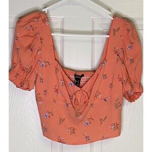 Forever 21  Multi Color Coral Floral Ruched Crop Top with Puffed Sleeves S NWT